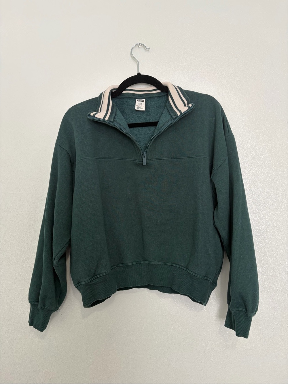 PINK Victoria Secret Forest Green Quarter Zip with Cream Striped Collar size S